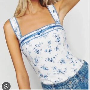 Reformation Eloise Square Neck Tank Top White and Blue Floral